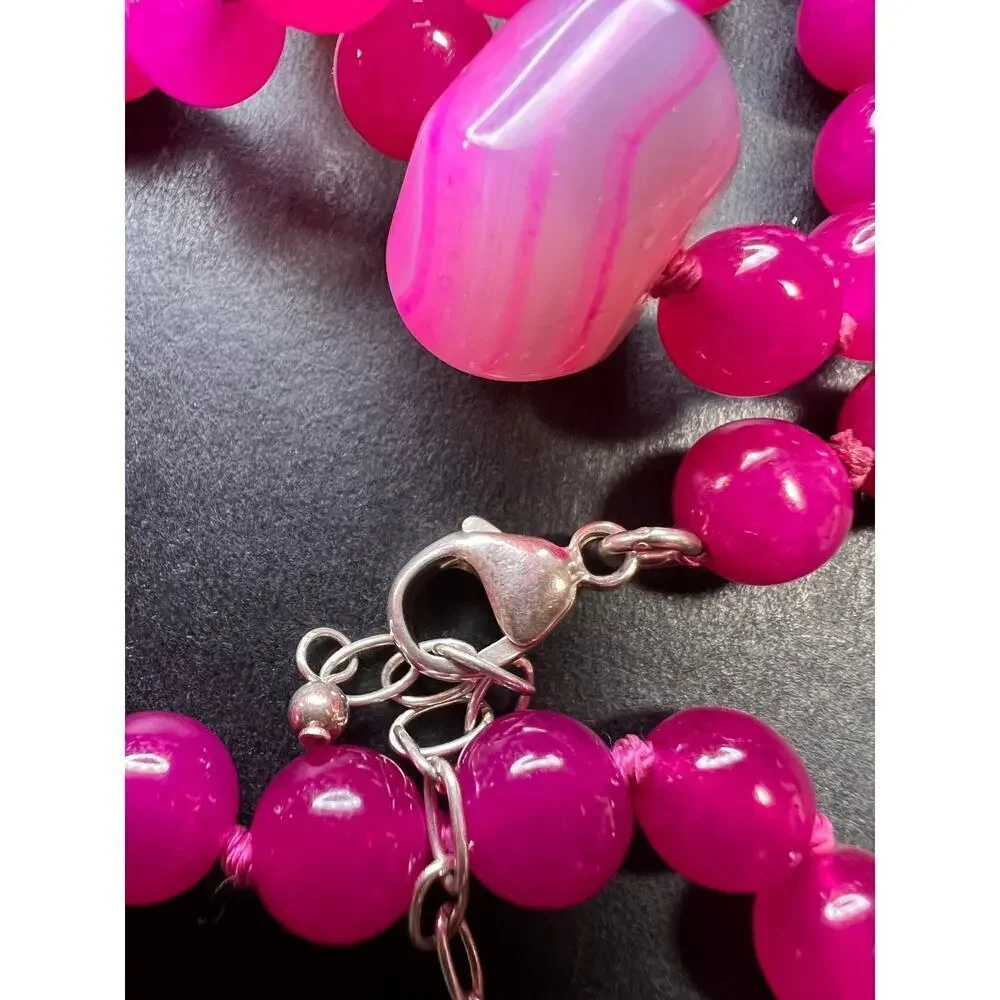 NEW Fuchsia pink dyed agate beaded necklace with sterling silver clasp